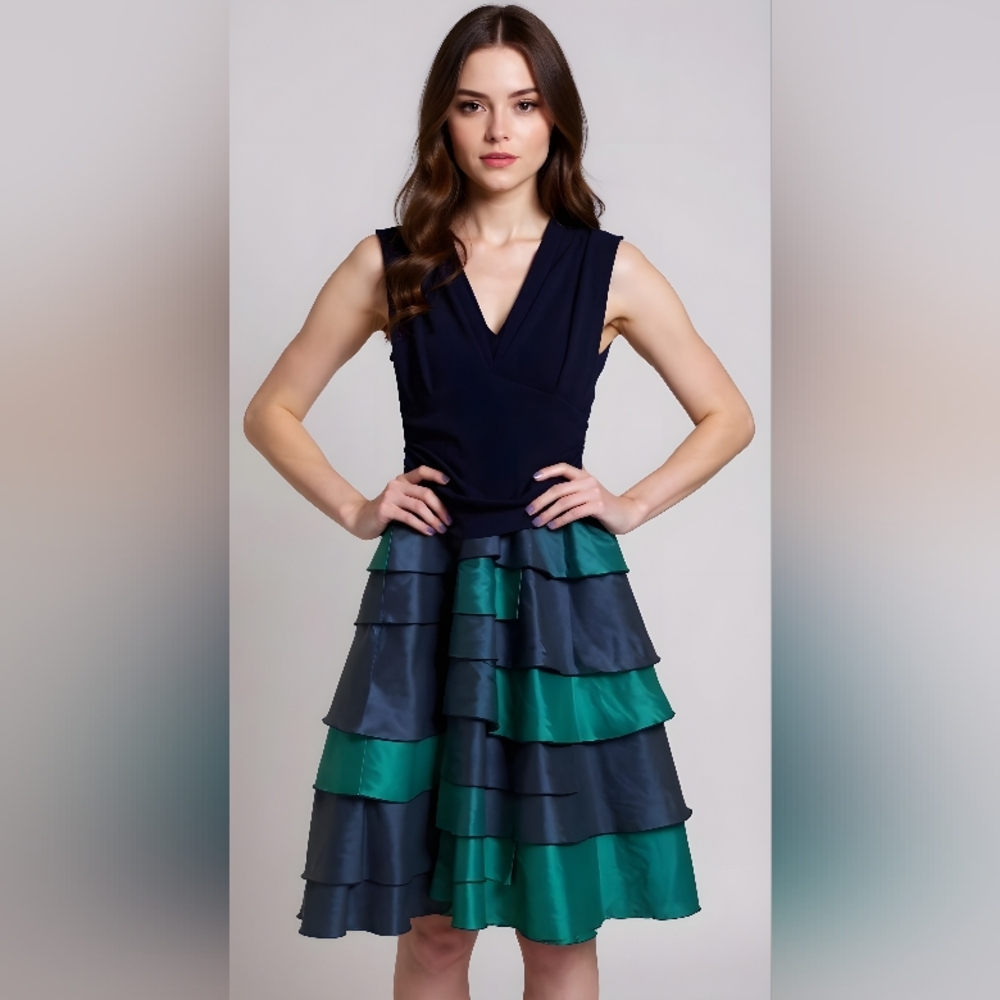 S.L.FASHIONS Elegant Navy and Green Tiered Dress SIZE 8